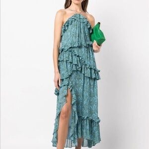Cinq a Sept- Blue and green Sleeveless Multi Ruffle “Rayner” Printed Midi Dress